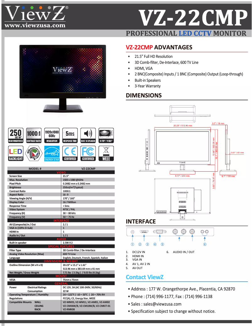 Page 1 de la notice Brochure ViewZ VZ-22CMP