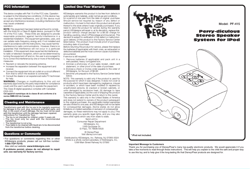 Page 1 de la notice Manuel utilisateur KIDdesigns PF-415