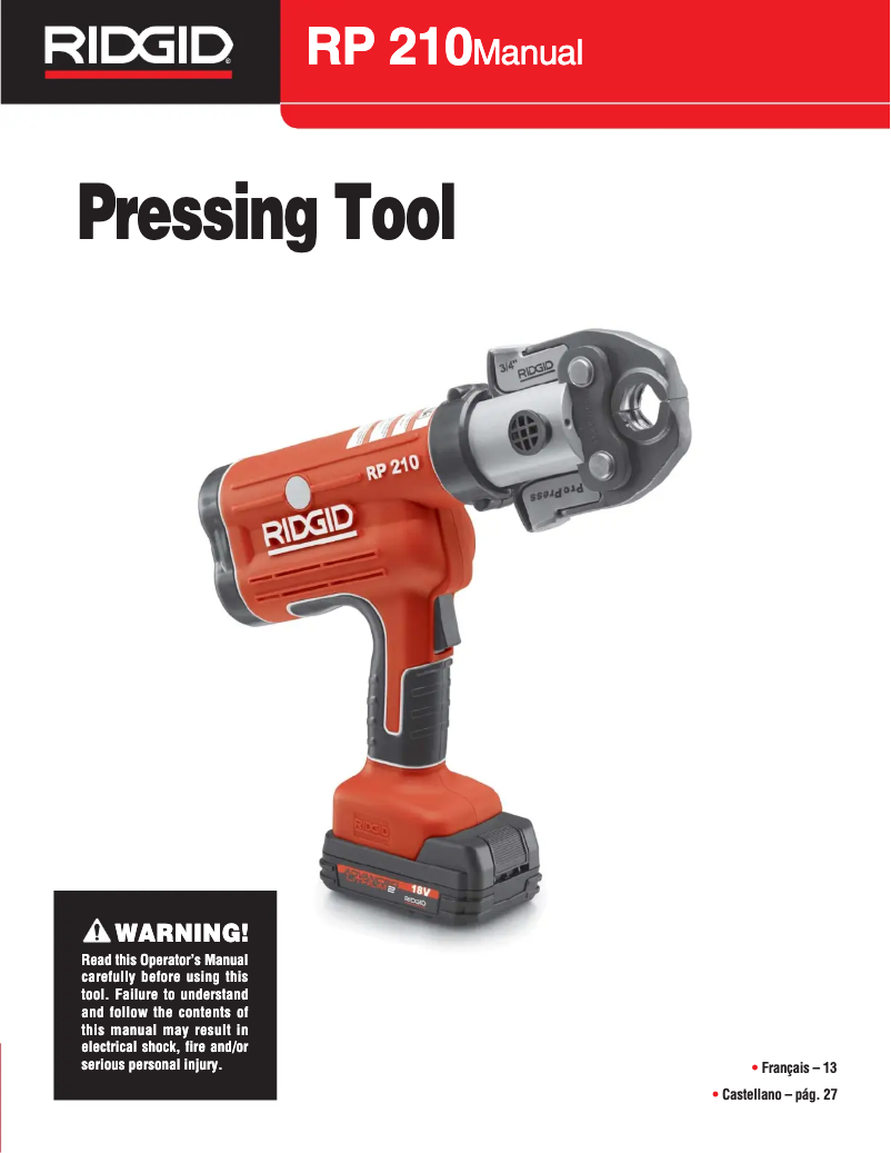 Page 1 de la notice Manuel utilisateur Ridgid RP 210