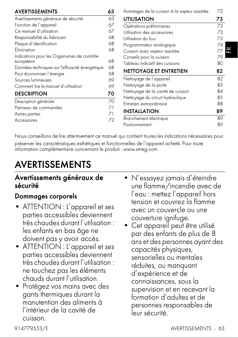 Page 1 de la notice Fiche technique Smeg SO6100S2N
