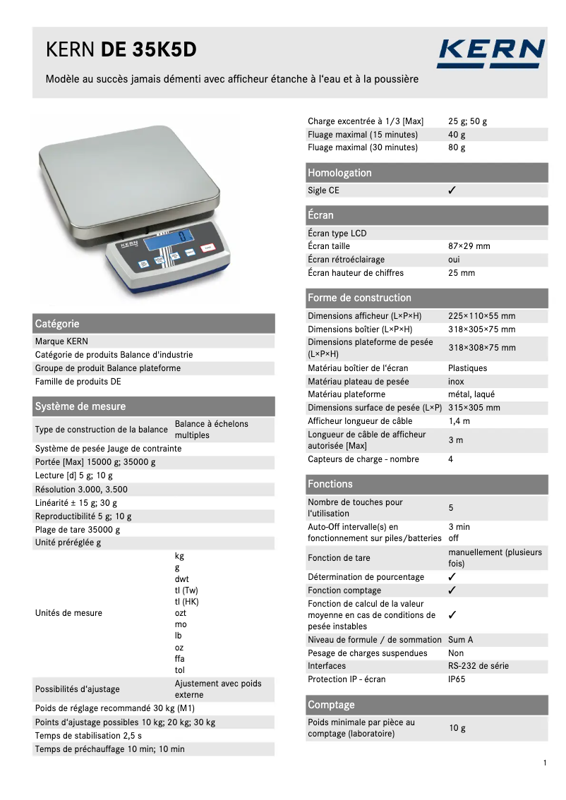 Page 1 de la notice Fiche technique Kern DE 35K5D