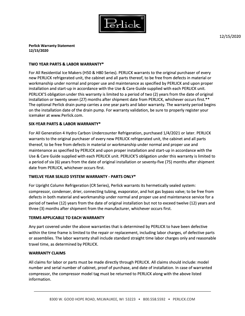 Page 1 de la notice Informations de garantie Perlick HP24RS-4-5