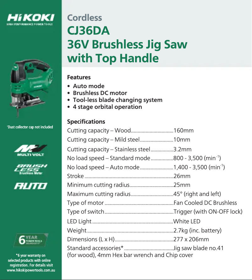 Page 1 de la notice Fiche technique HiKOKI CJ36DA