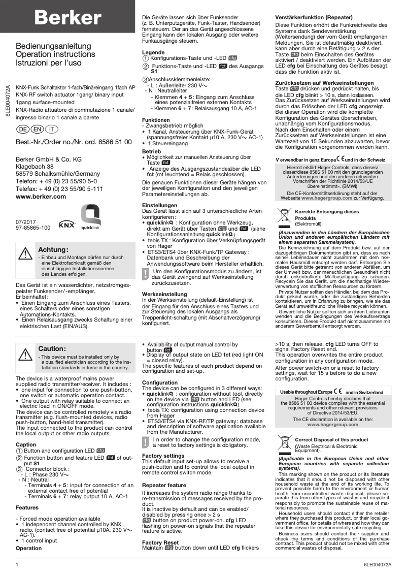 Page n°1 - Manuel utilisateur Berker 85865100