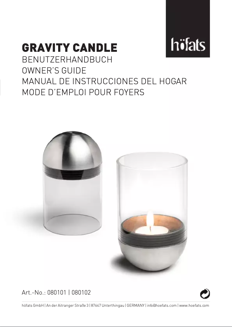 Page 1 de la notice Manuel utilisateur Höfats Gravity Candle M90