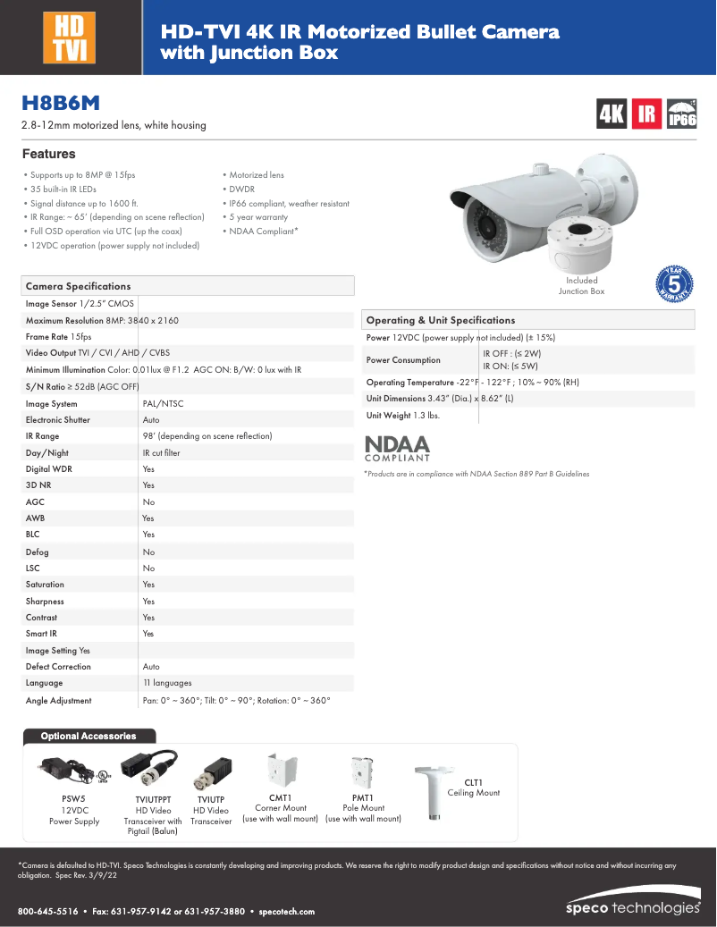 Page 1 de la notice Fiche technique Speco Technologies H8B6M