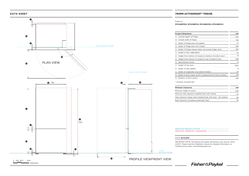 Page 1 de la notice Fiche technique Fisher & Paykel RF522BRPW6