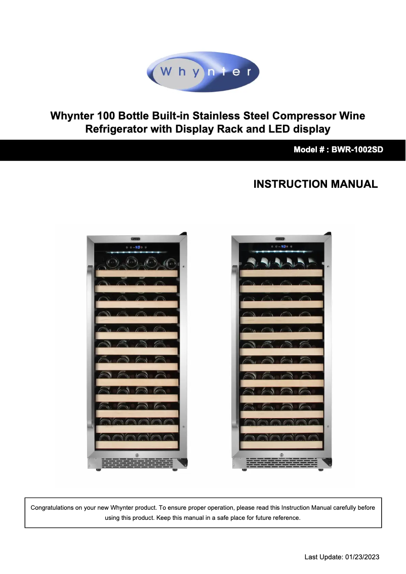 Page 1 de la notice Manuel utilisateur Whynter BWR-1002SD