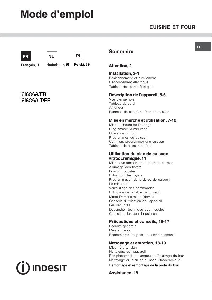 Página 1 del manual Manual de usuario Indesit I6I6C6A(W)/FR
