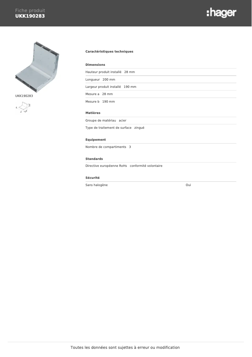 Page 1 de la notice Fiche technique Hager UKK190283