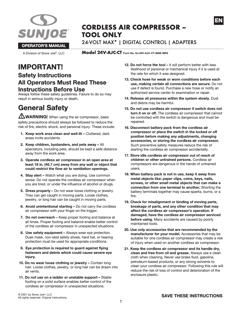 Page 1 de la notice Manuel utilisateur Auto Joe 24V-AJC-CT