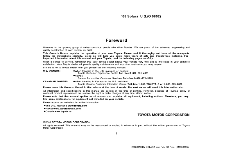 Page 1 de la notice Manuel utilisateur Toyota Camry Solara (2008)