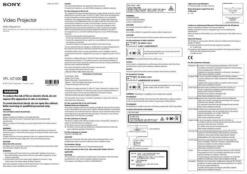 Página 1 del manual Instrucciones de seguridad Sony VPL-VZ1000ES