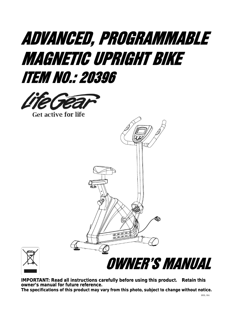 Page n°1 - Manuel utilisateur Life Gear Advanced Programable Magnetic Upright Bike 20396