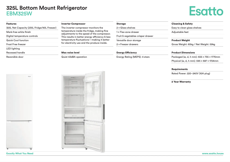 Page 1 de la notice Fiche technique Esatto EBM325W