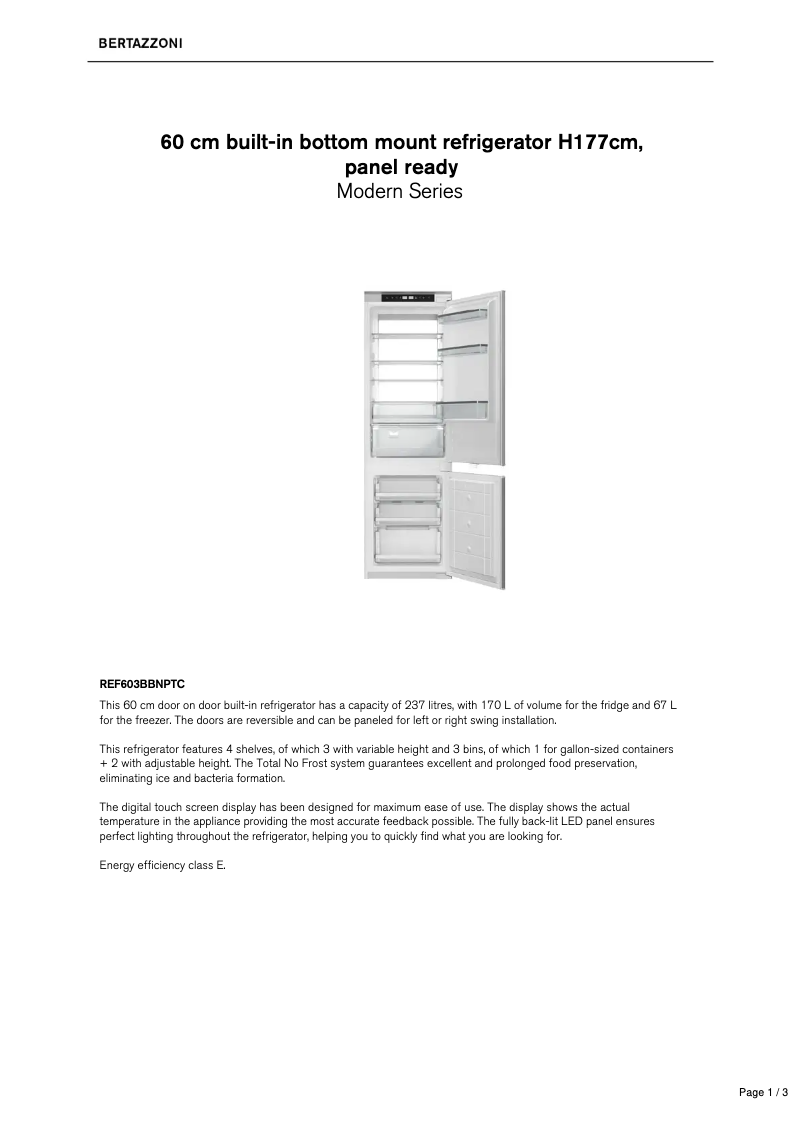 Page 1 de la notice Fiche technique Bertazzoni REF603BBNPTC