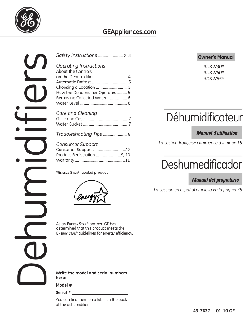 Page 1 de la notice Manuel utilisateur GE ADKW30LN