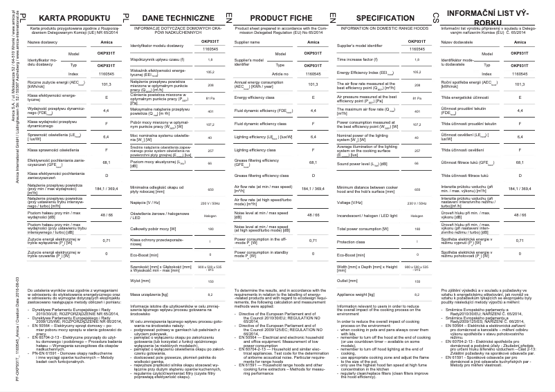 Página 1 del manual Ficha técnica Amica OKP931T
