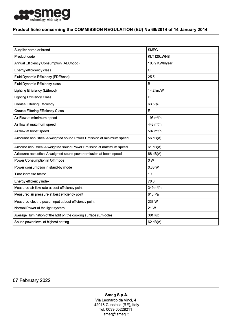 Page 1 de la notice Brochure Smeg KLT120LWHS