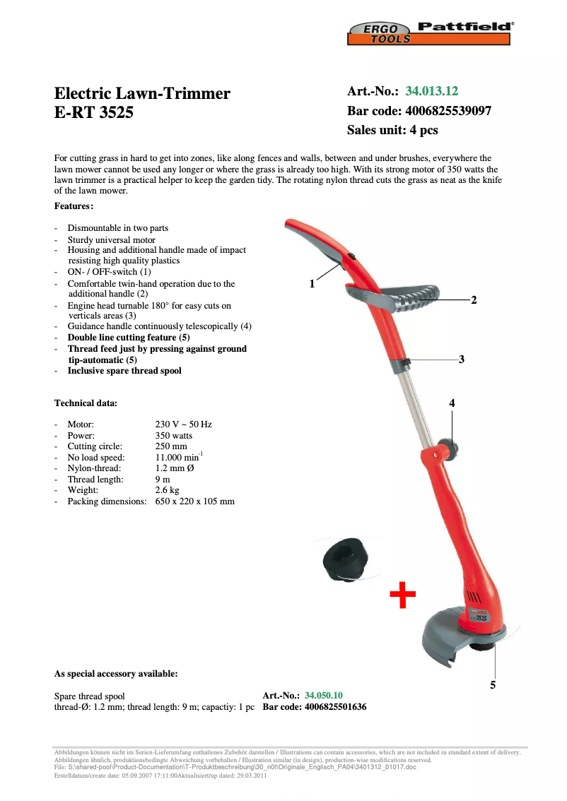 Page n°1 - Manuel utilisateur Ergotools Pattfield E-RT 3525