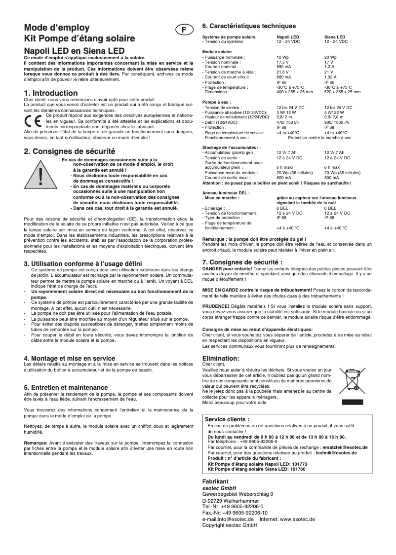 Page 1 de la notice Manuel utilisateur Esotec Napoli