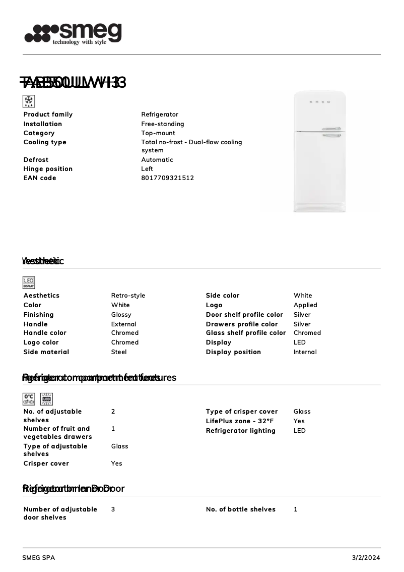 Page n°1 - Fiche technique Smeg FAB50ULWH3
