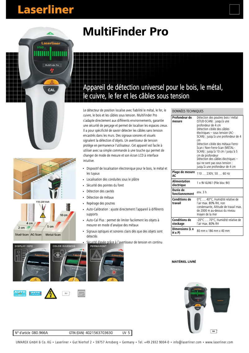 Página 1 del manual Ficha técnica Laserliner MultiFinder Pro