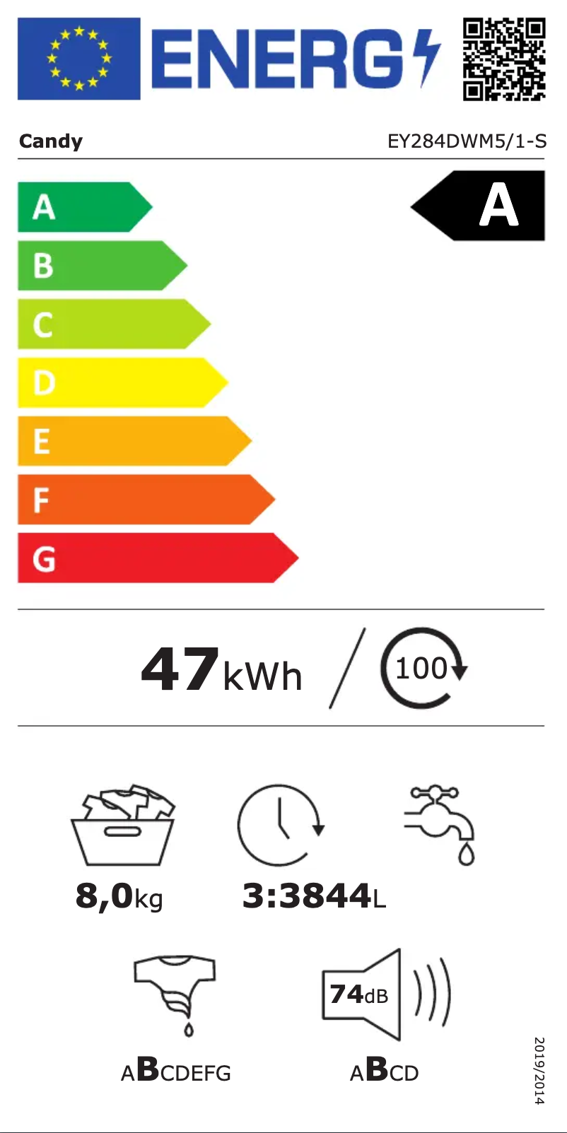 Page n°1 - Label énergétique Candy EY284DWM5/1-S