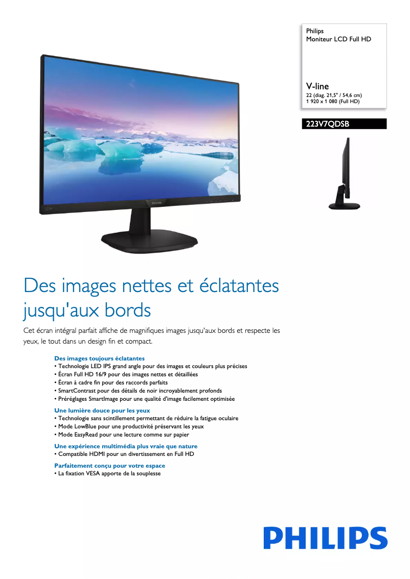 Page 1 de la notice Fiche technique Philips 223V7QDSB