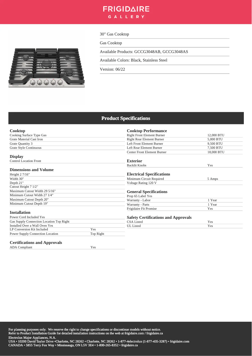Page n°1 - Fiche technique Frigidaire GCCG3048AS