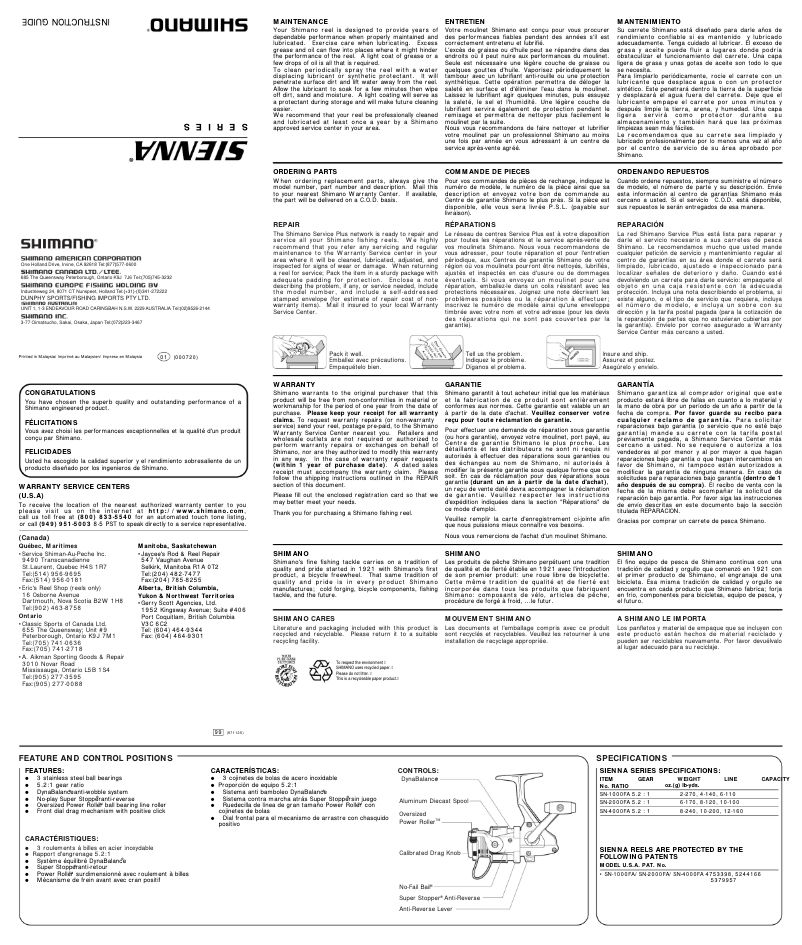 Page n°1 - Manuel utilisateur Shimano Sienna 4000FA