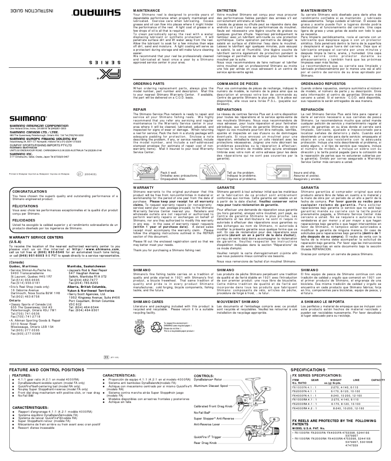 Page 1 de la notice Manuel utilisateur Shimano FX 1000RA