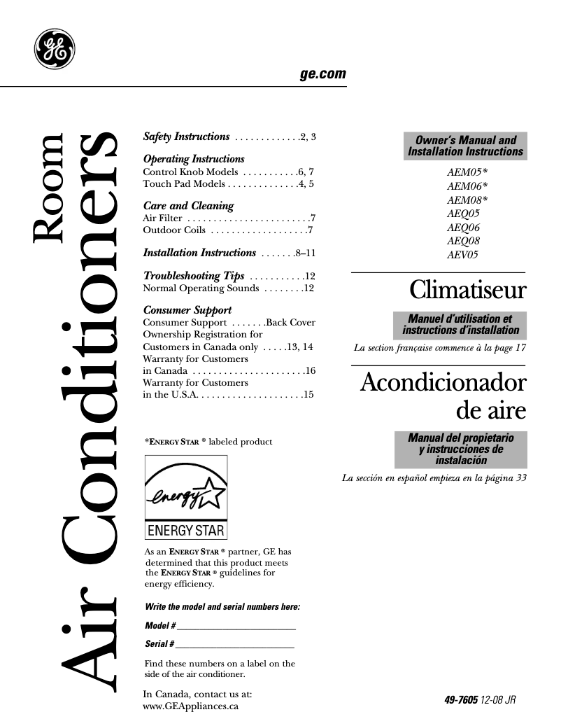 Page n°1 - Manuel d'utilisation et d'entretien GE AEQ05LM