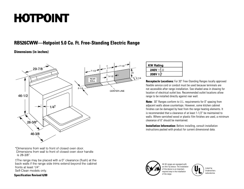 Page 1 de la notice Fiche technique Hotpoint RB526CWW