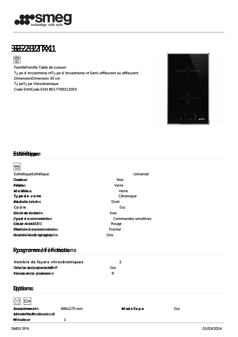 Page 1 de la notice Fiche technique Smeg SE232TX1