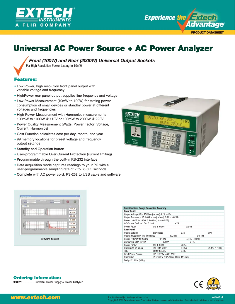 Página 1 del manual Ficha técnica Extech 380820