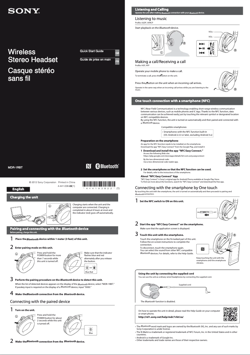 Image de la première page du manuel de l'appareil MDR-1RBT