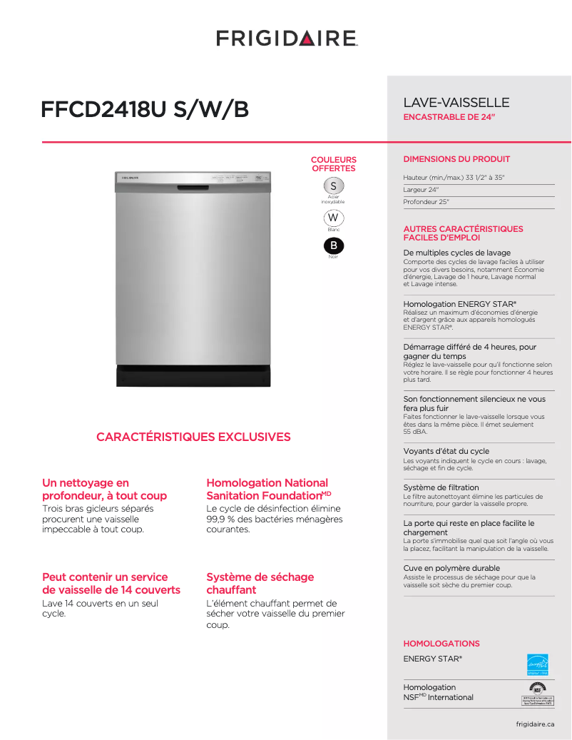 Página 1 del manual Ficha técnica Frigidaire FFCD2418US