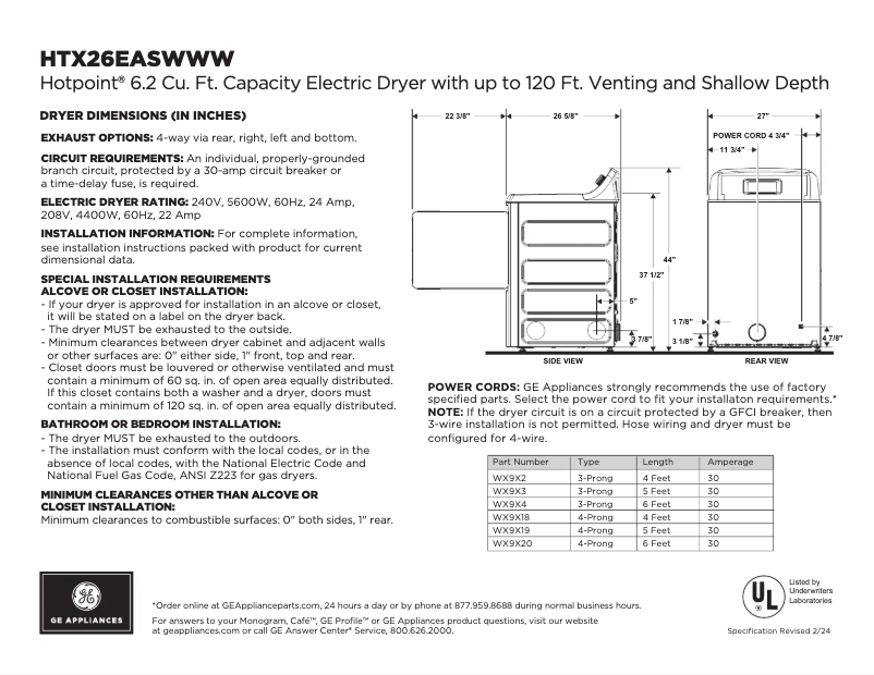 Page 1 de la notice Fiche technique Hotpoint HTX26EASWWW