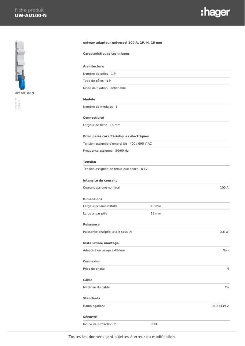 Page 1 de la notice Manuel utilisateur Hager UW-AU100-N