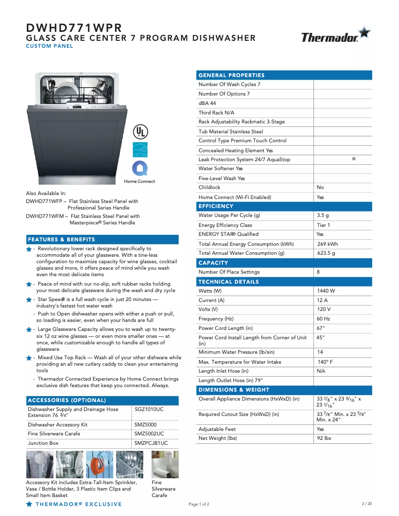 Page n°1 - Fiche technique Thermador DWHD771WPR