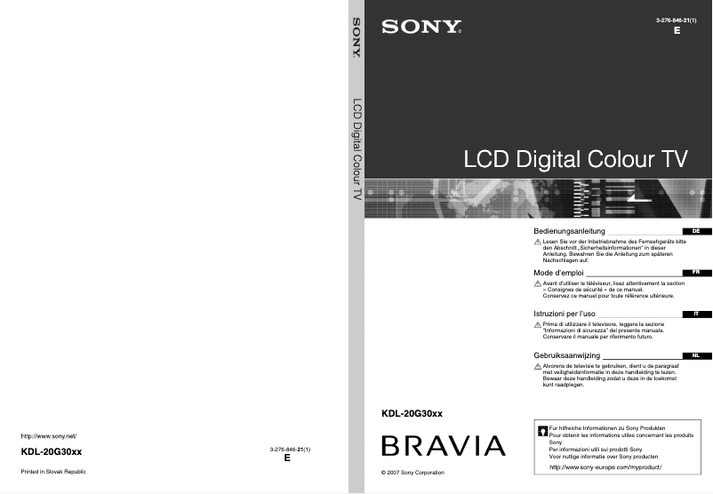 Page 1 de la notice Manuel utilisateur Sony Bravia KDL-20G3000
