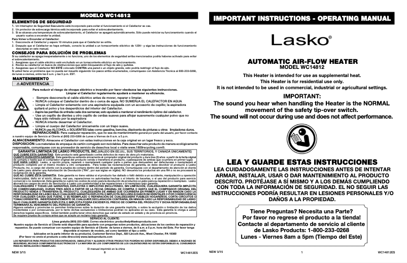 Page 1 de la notice Manuel utilisateur Lasko Automatic Airflow WC14812