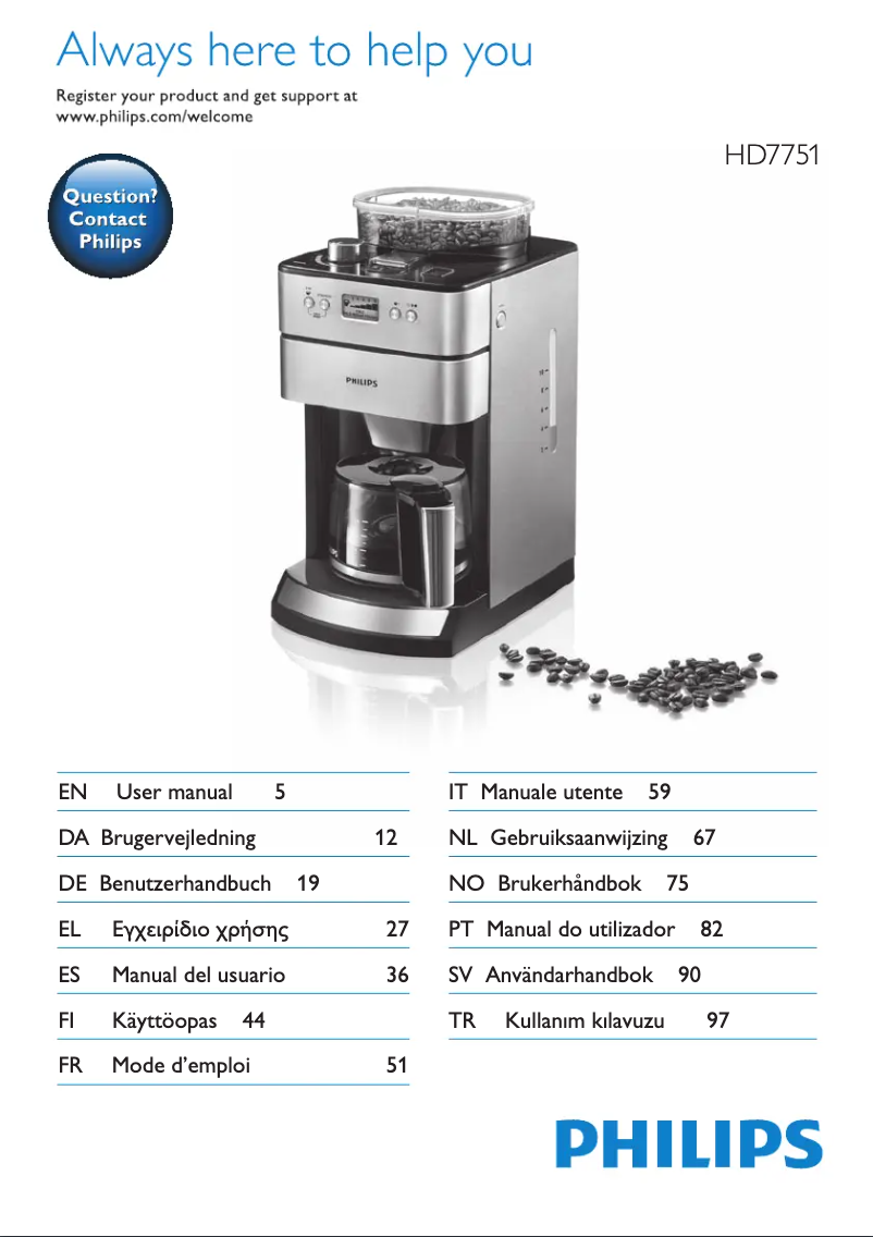 Imagen de la primera página del manual del dispositivo Grind & Brew HD7751