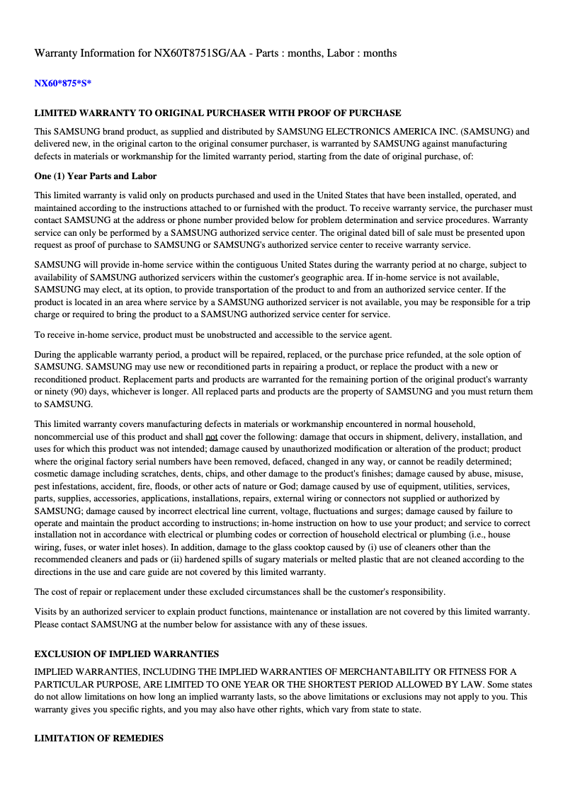 Page 1 de la notice Informations de garantie Samsung NX60T8711SS