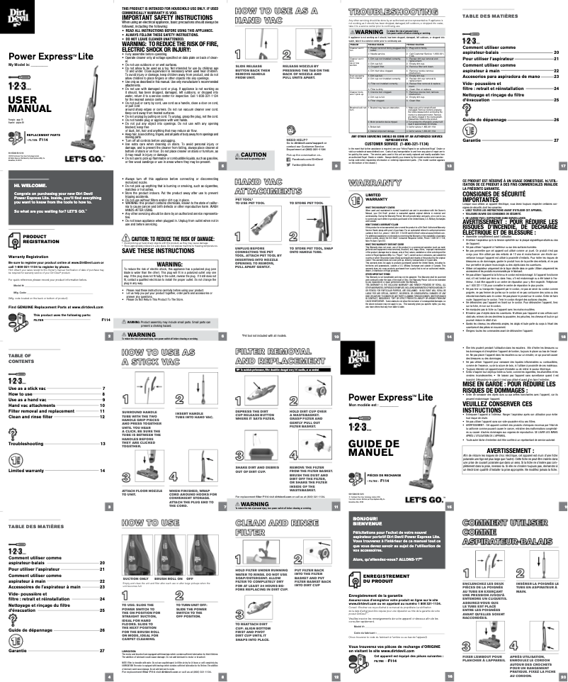 Page n°1 - Manuel utilisateur Dirt Devil Power Stick Lite