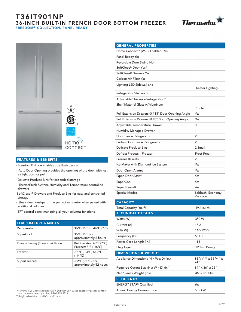Page 1 de la notice Fiche technique Thermador Freedom T36IT900NP