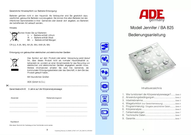 Page n°1 - Manuel utilisateur ADE Jennifer BA 825