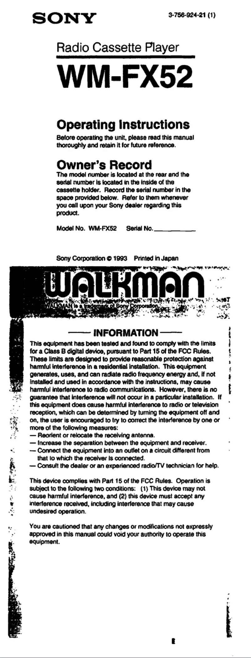 Page 1 de la notice Manuel utilisateur Sony Walkman WM-FX52