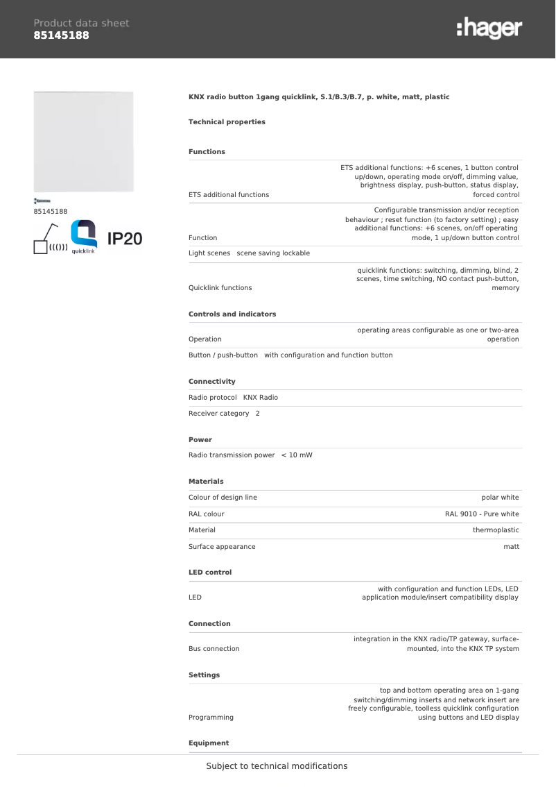 Page 1 de la notice Fiche technique Hager 85145188